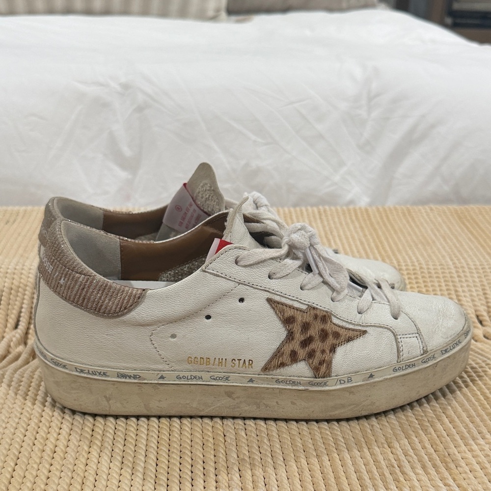 Golden Goose Hi StarWhite Sneakers with Leopard Star